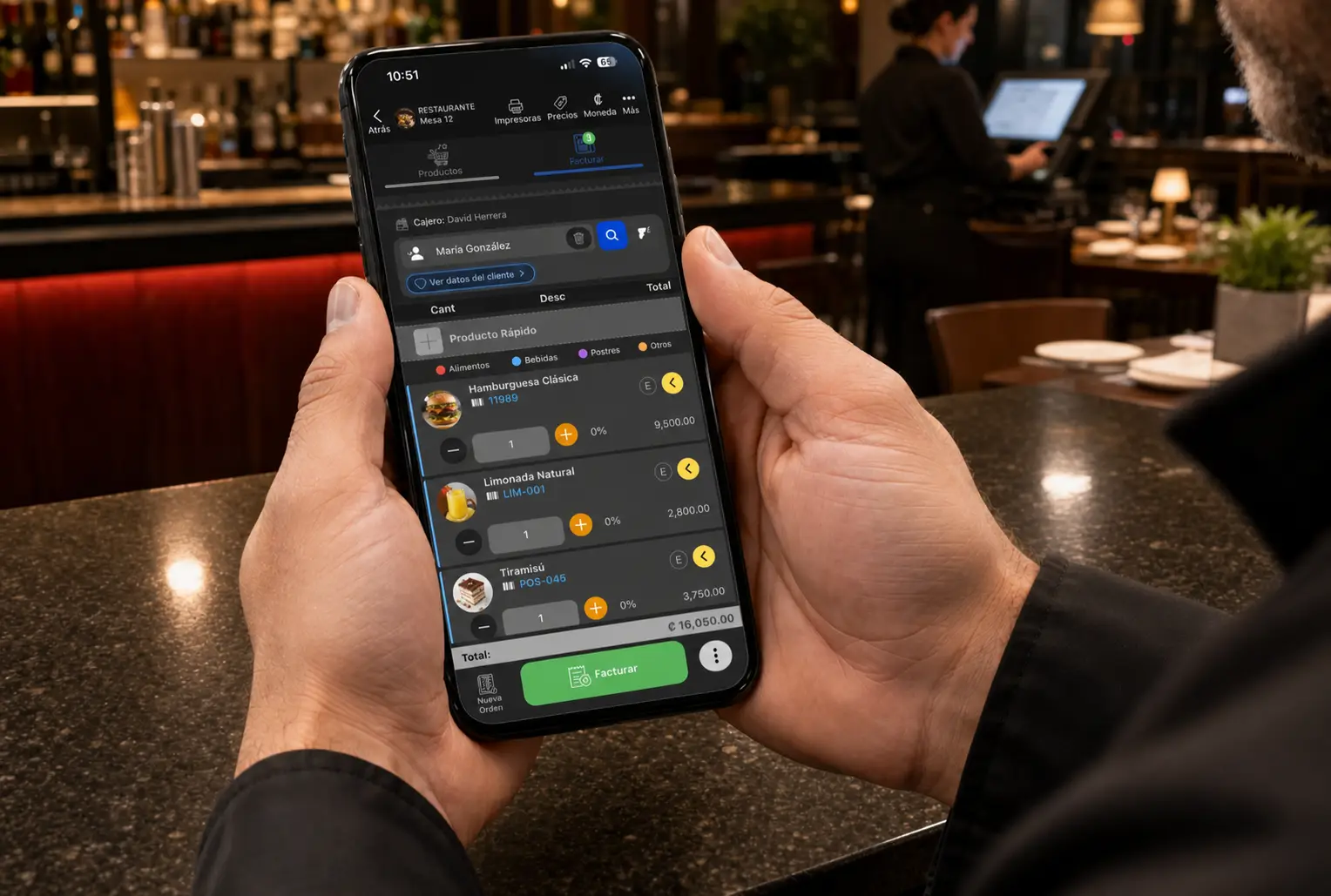 Orden de restaurante lista para facturacion electronica con productos y montos verificados