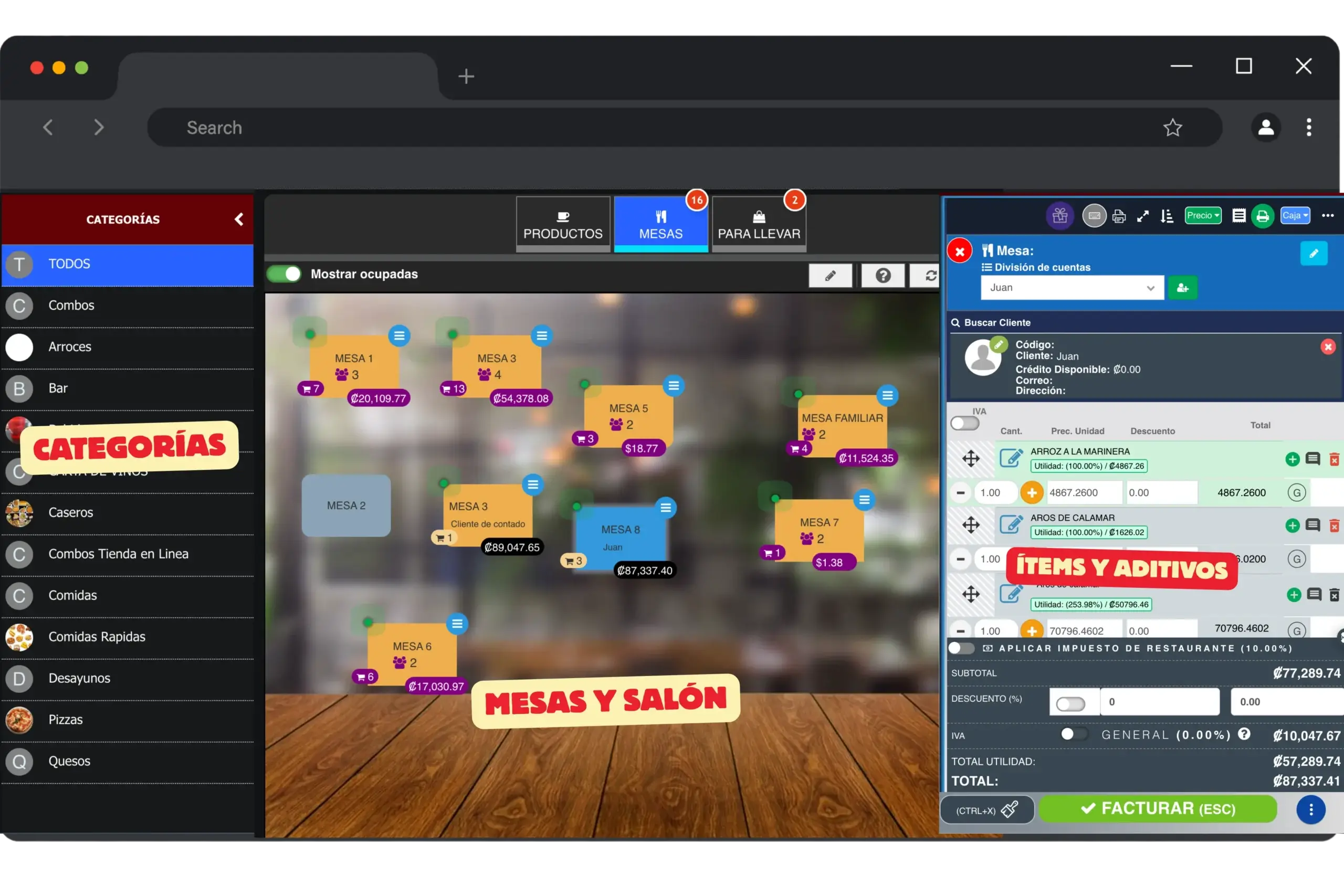 Interfaz web de categorias y productos del TPV para restaurantes