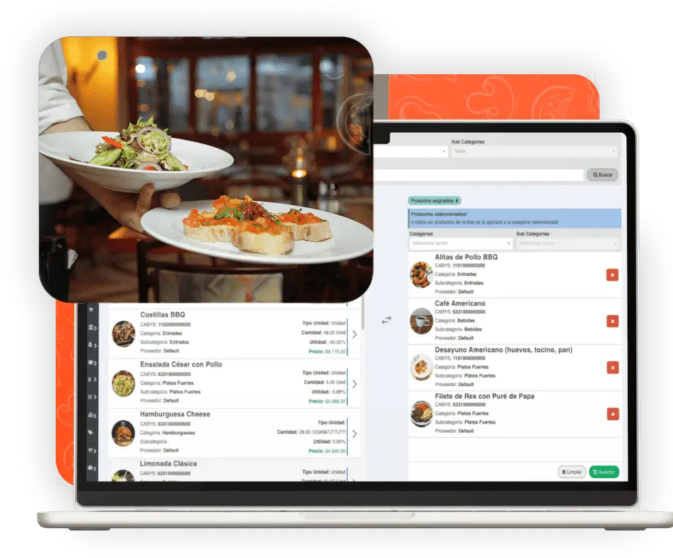 Categorías y productos del menú conectados al inventario del restaurante