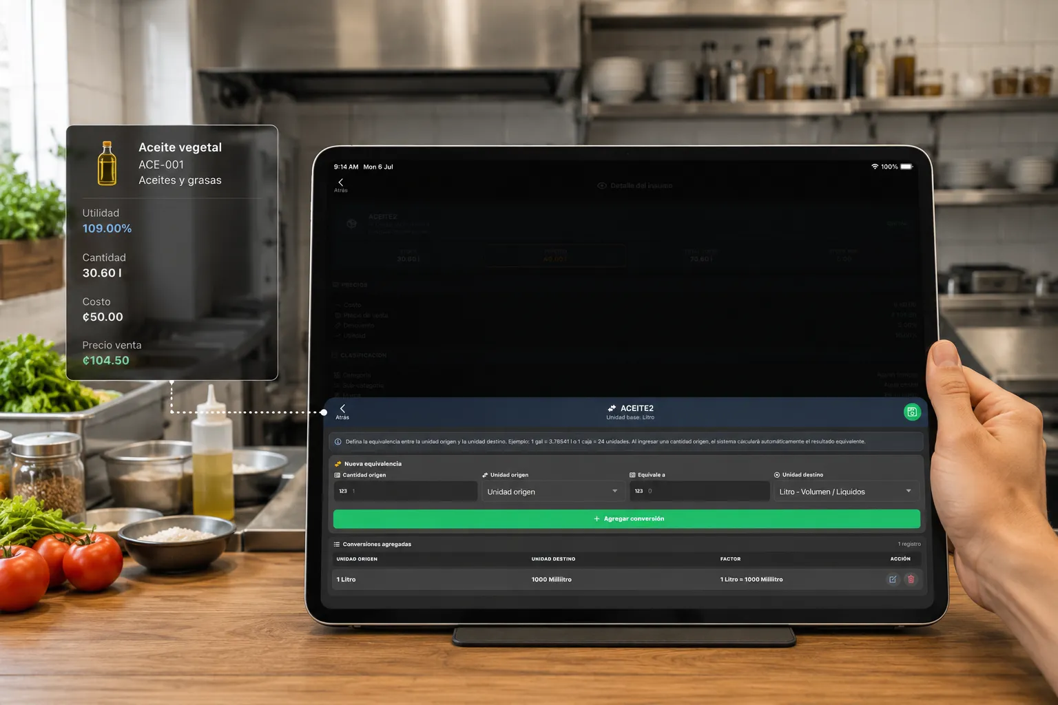 Configuración de unidades y conversiones para un insumo