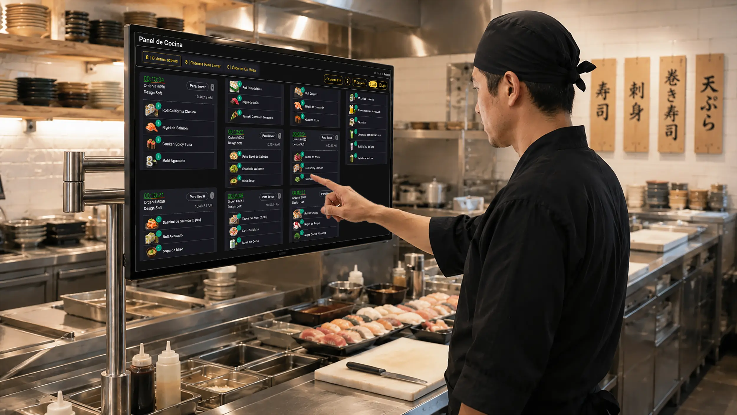 Pantalla de cocina con comandas para restaurante de sushi