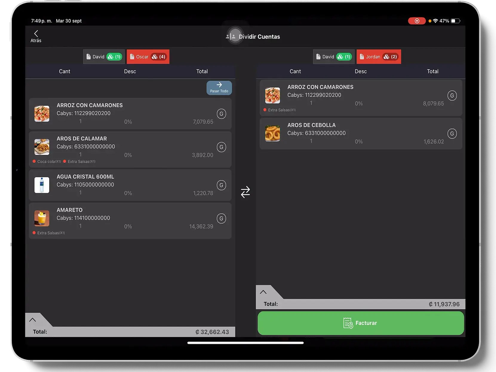 Interfaz para dividir cuentas por cliente en un sistema POS para restaurantes