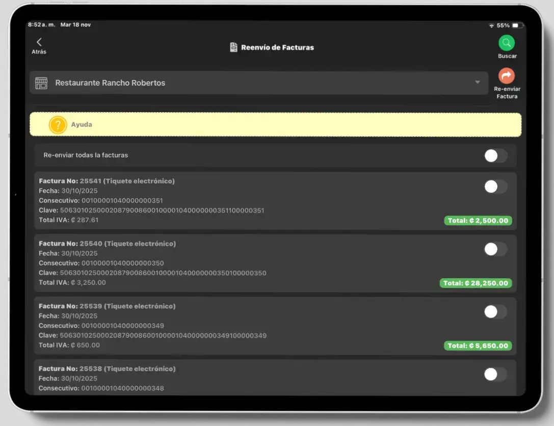 Reenvío de facturas y XML en sistema POS para cafeterías