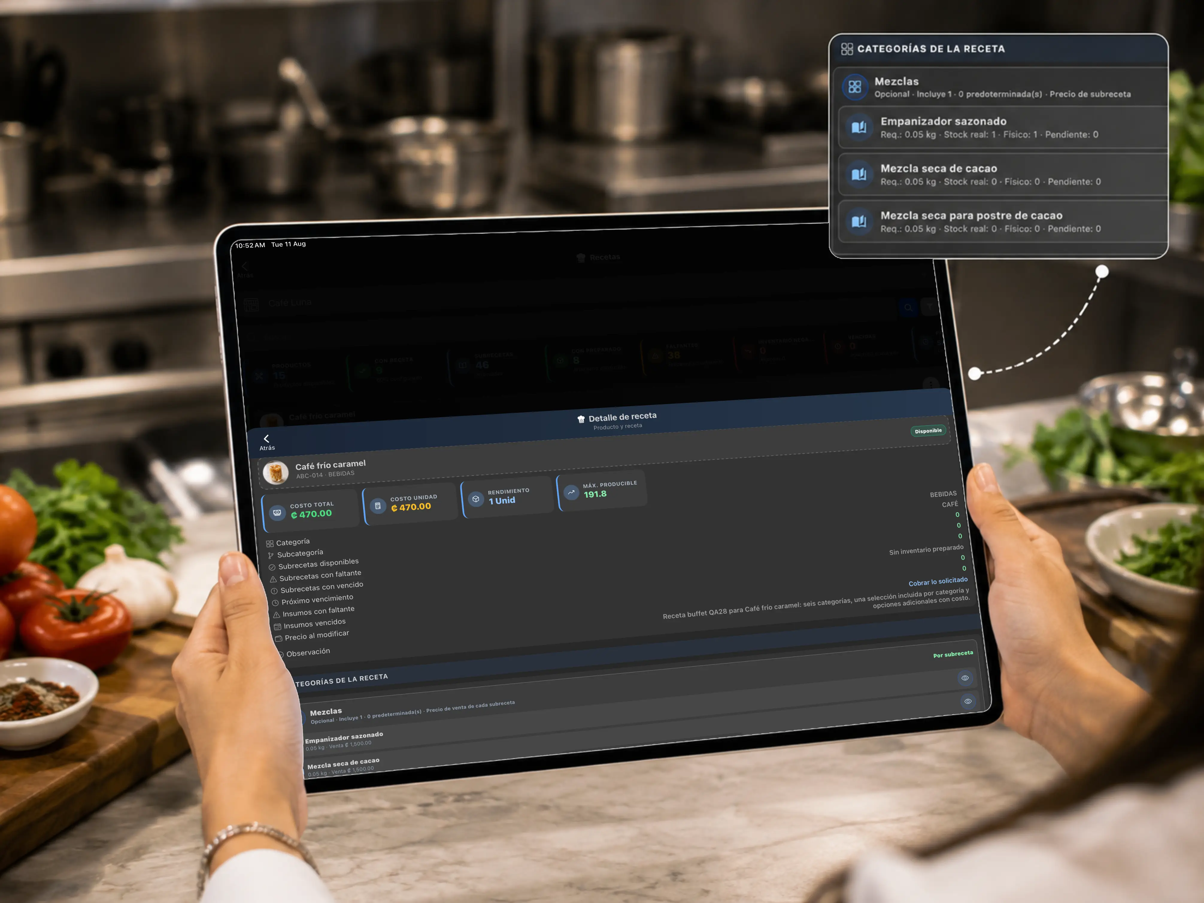 Detalle de receta y sus costos en POS Restaurantes
