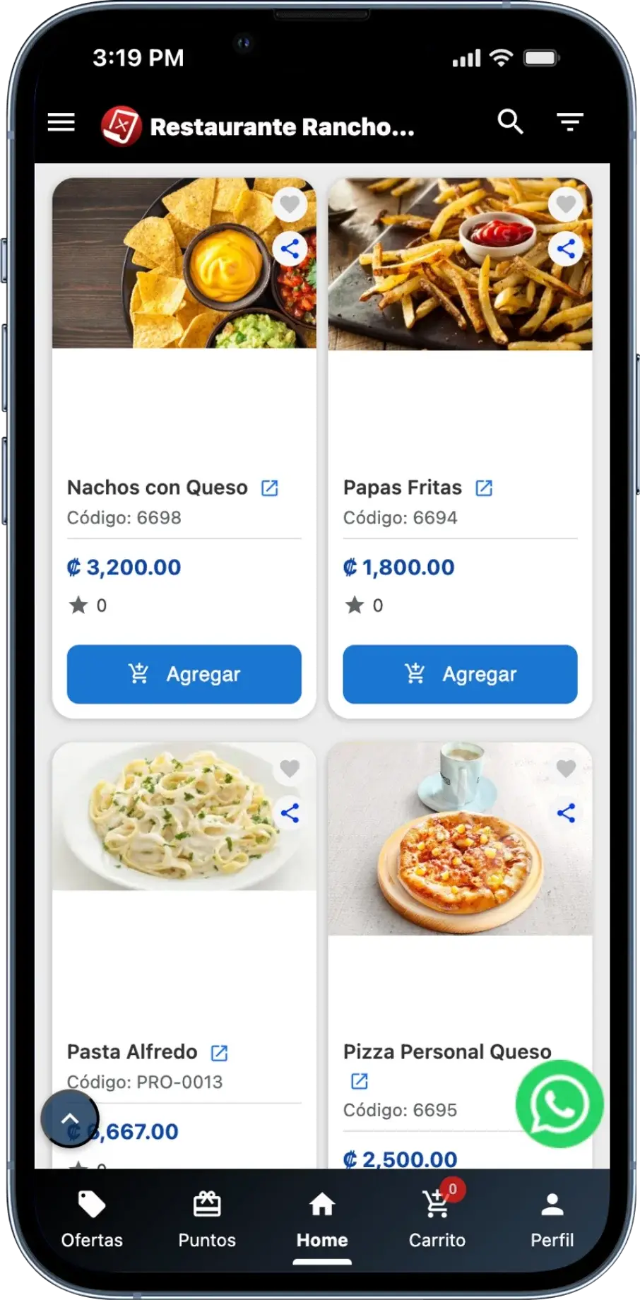 Menu digital movil para tienda en linea de restaurantes