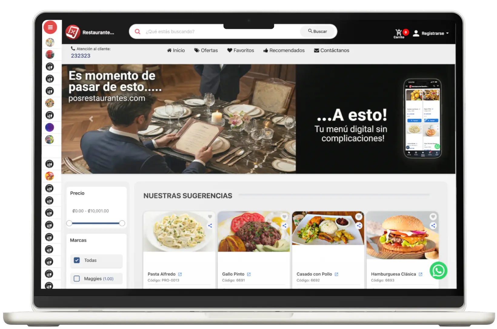 Tienda en linea web para restaurantes vista desde computadora