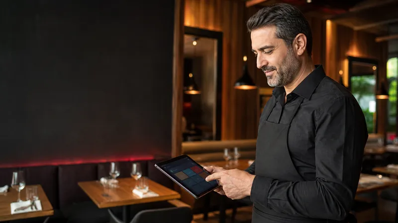 Encargado de restaurante revisando un sistema POS en una tablet