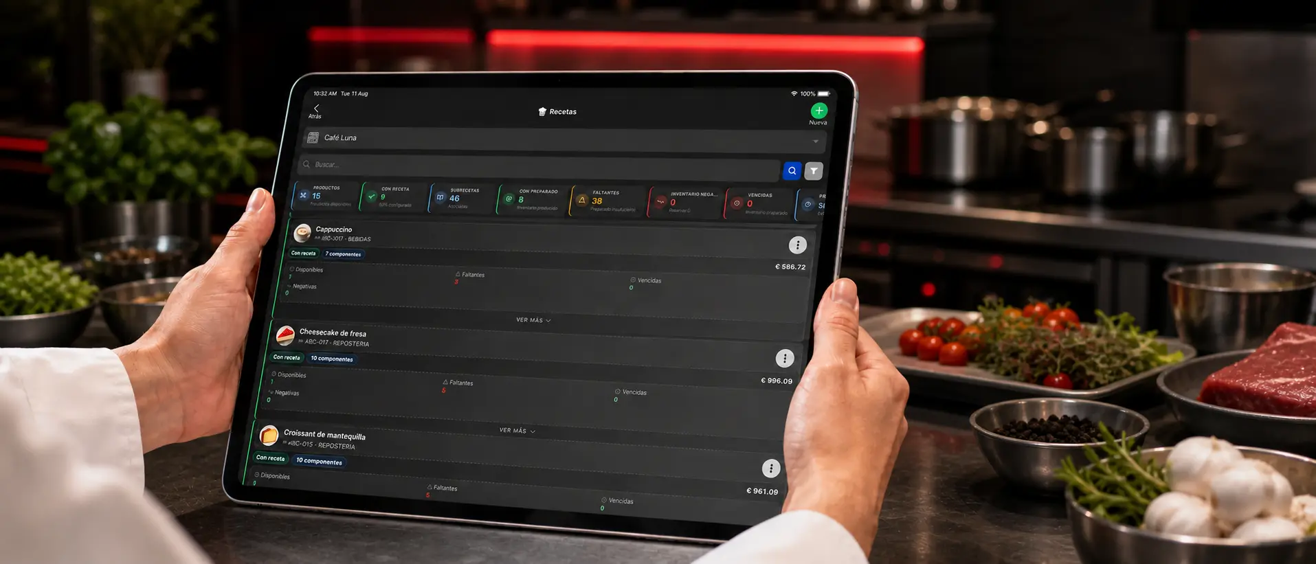 Módulo real de recetas de POS Restaurantes en una cocina profesional